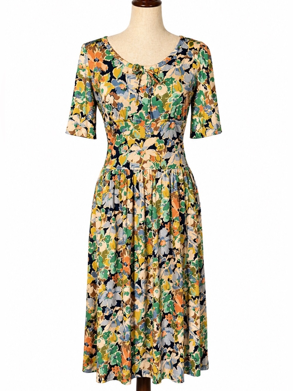 Vintage 70s polyester print midi dress with small bow and defined waist- S-M